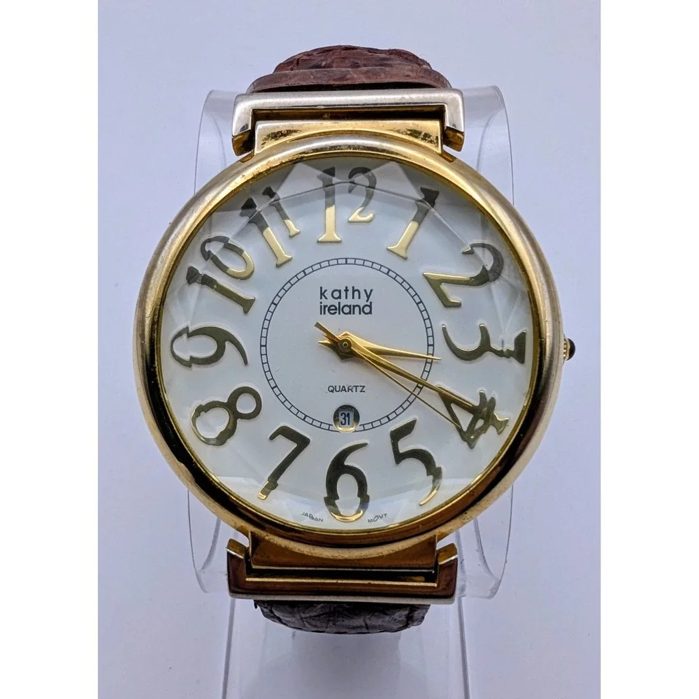VTG Kathy Ireland GoldTone Brown Braided Leather Band Womens Watch New battery